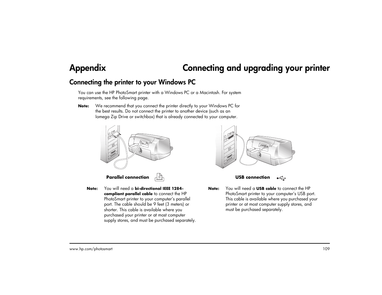 Appendix connecting and upgrading your printer, Connecting the printer to your windows pc | HP 1215 User Manual | Page 115 / 127