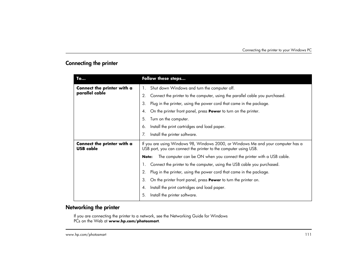 Connecting the printer, Networking the printer, Connecting the printer networking the printer | HP 1215 User Manual | Page 117 / 127