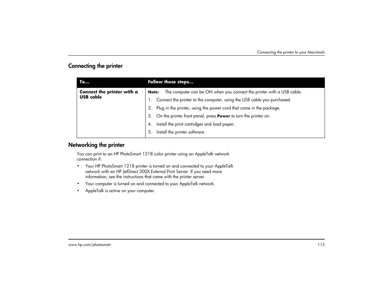 Connecting the printer, Networking the printer, Connecting the printer networking the printer | HP 1215 User Manual | Page 119 / 127