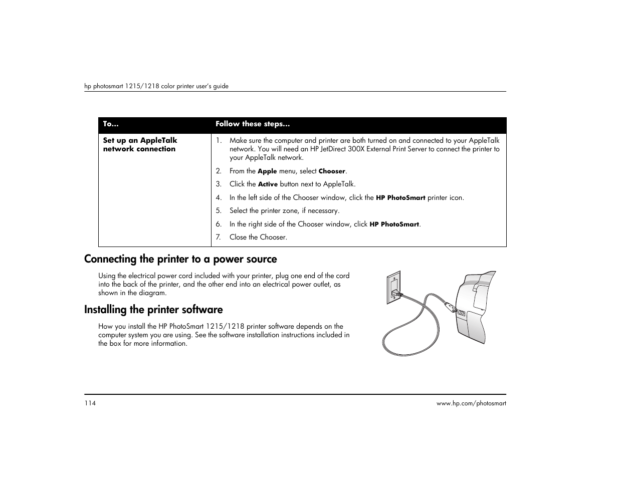 Connecting the printer to a power source, Installing the printer software | HP 1215 User Manual | Page 120 / 127