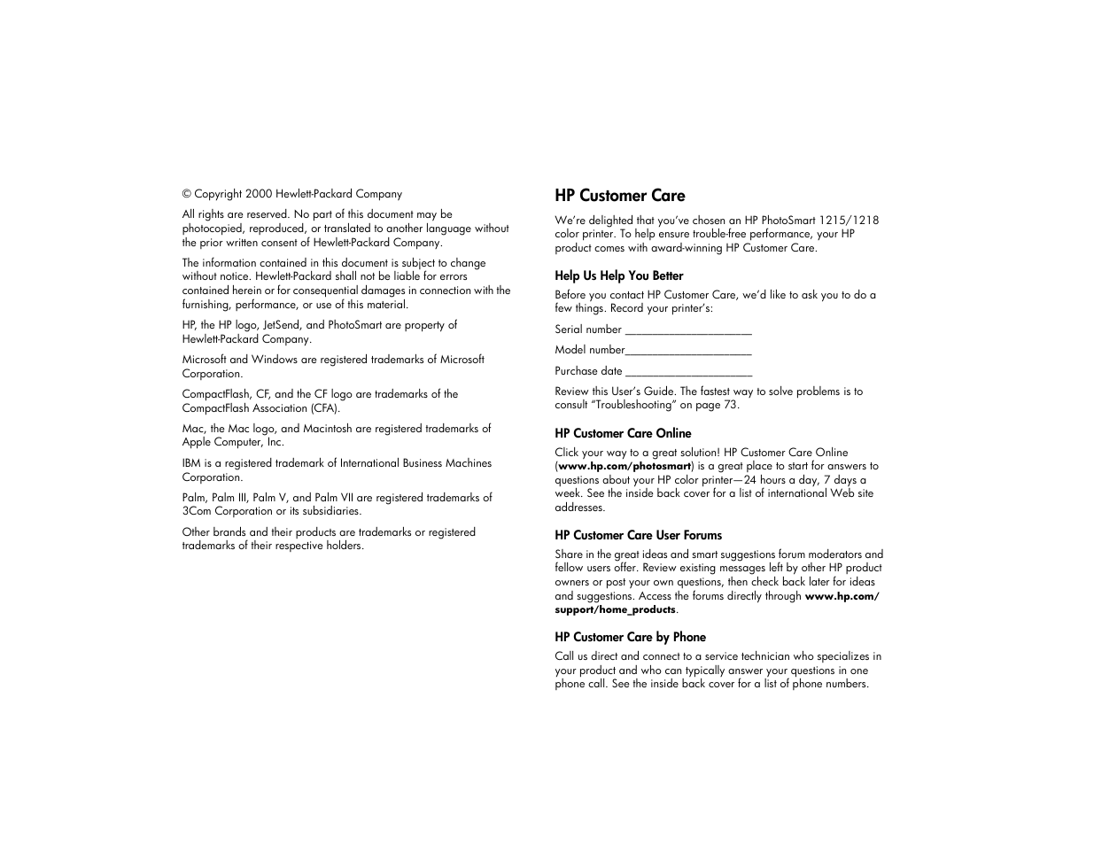 Hp customer care | HP 1215 User Manual | Page 2 / 127