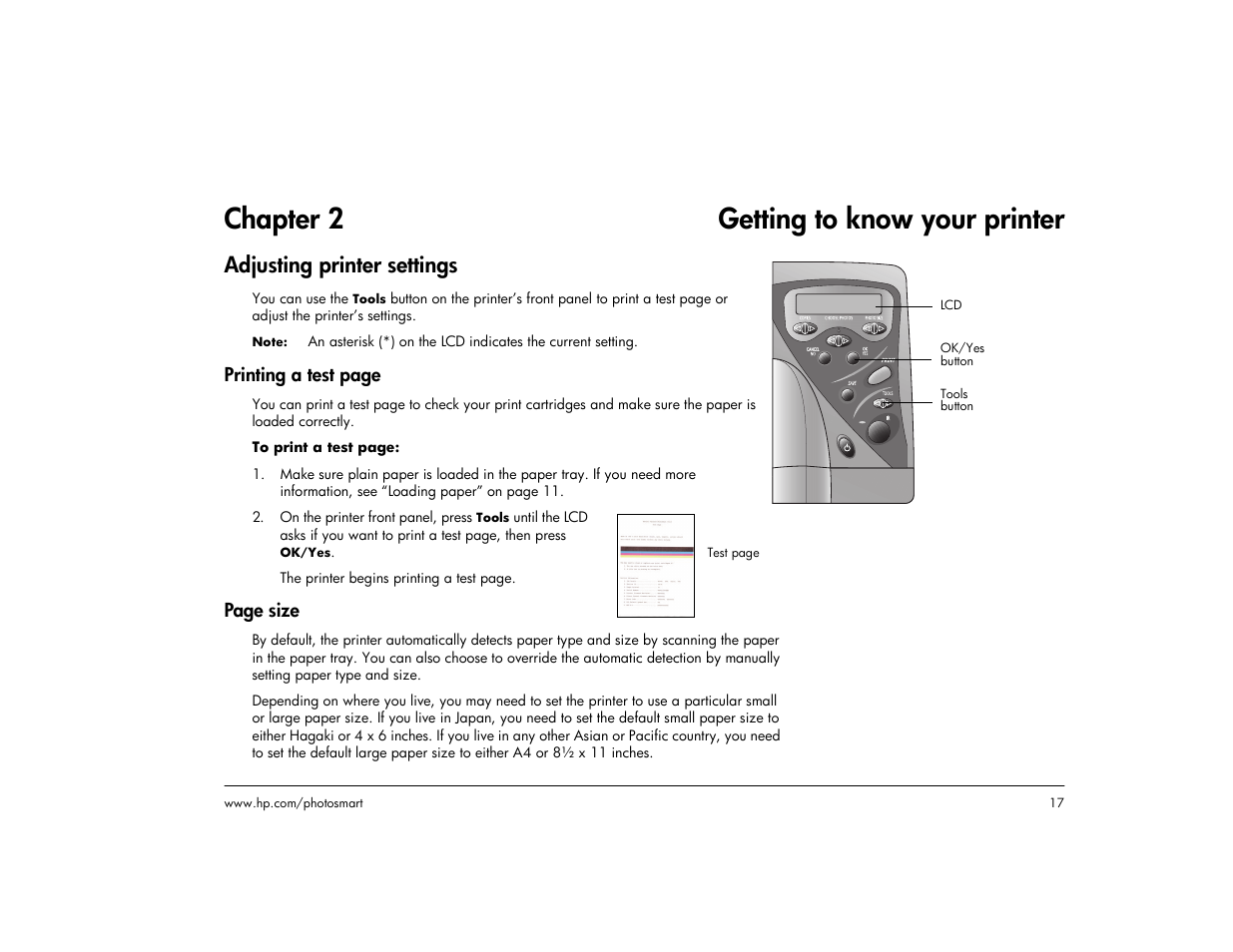 Chapter 2 getting to know your printer, Adjusting printer settings | HP 1215 User Manual | Page 23 / 127