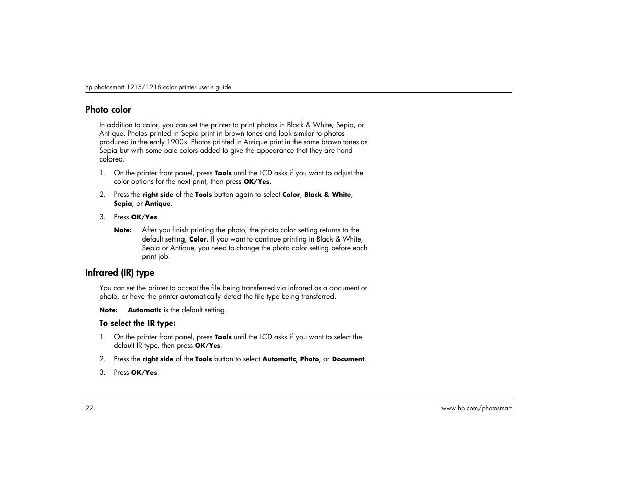 Photo color, Infrared (ir) type, Photo color infrared (ir) type | HP 1215 User Manual | Page 28 / 127