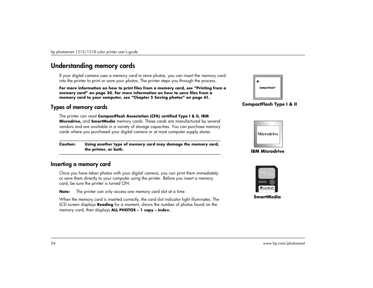 Understanding memory cards, Types of memory cards, Inserting a memory card | Types of memory cards inserting a memory card | HP 1215 User Manual | Page 30 / 127