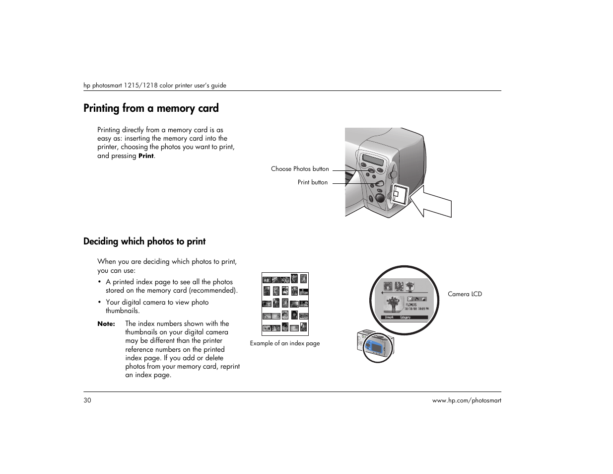 Printing from a memory card, Deciding which photos to print, Printing from a memory | HP 1215 User Manual | Page 36 / 127