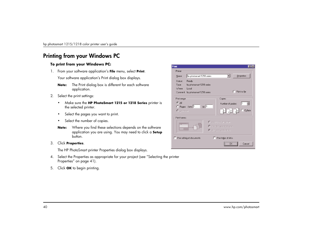 Printing from your windows pc | HP 1215 User Manual | Page 46 / 127