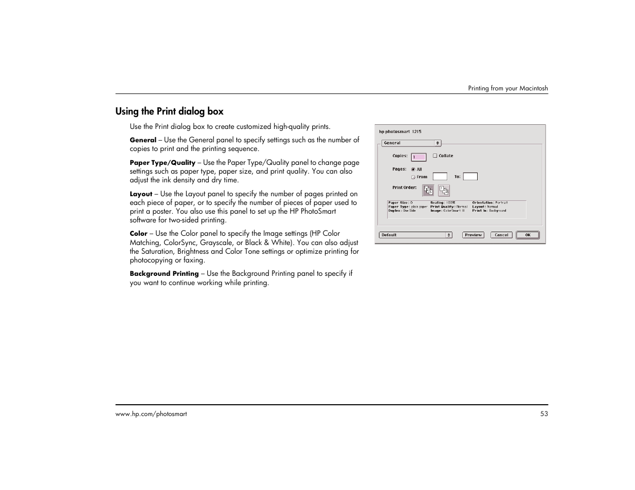 Using the print dialog box | HP 1215 User Manual | Page 59 / 127