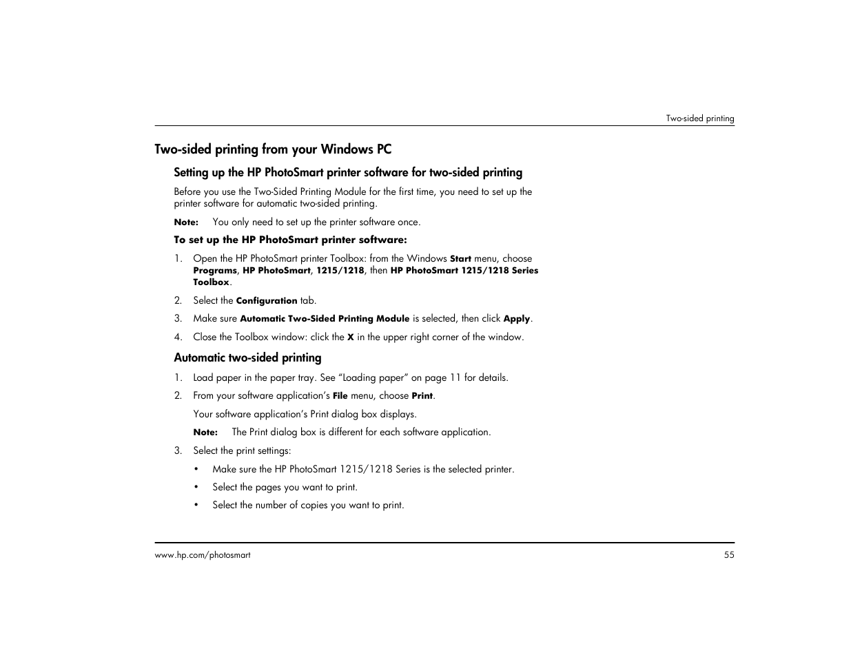 Two-sided printing from your windows pc, Ee “two | HP 1215 User Manual | Page 61 / 127