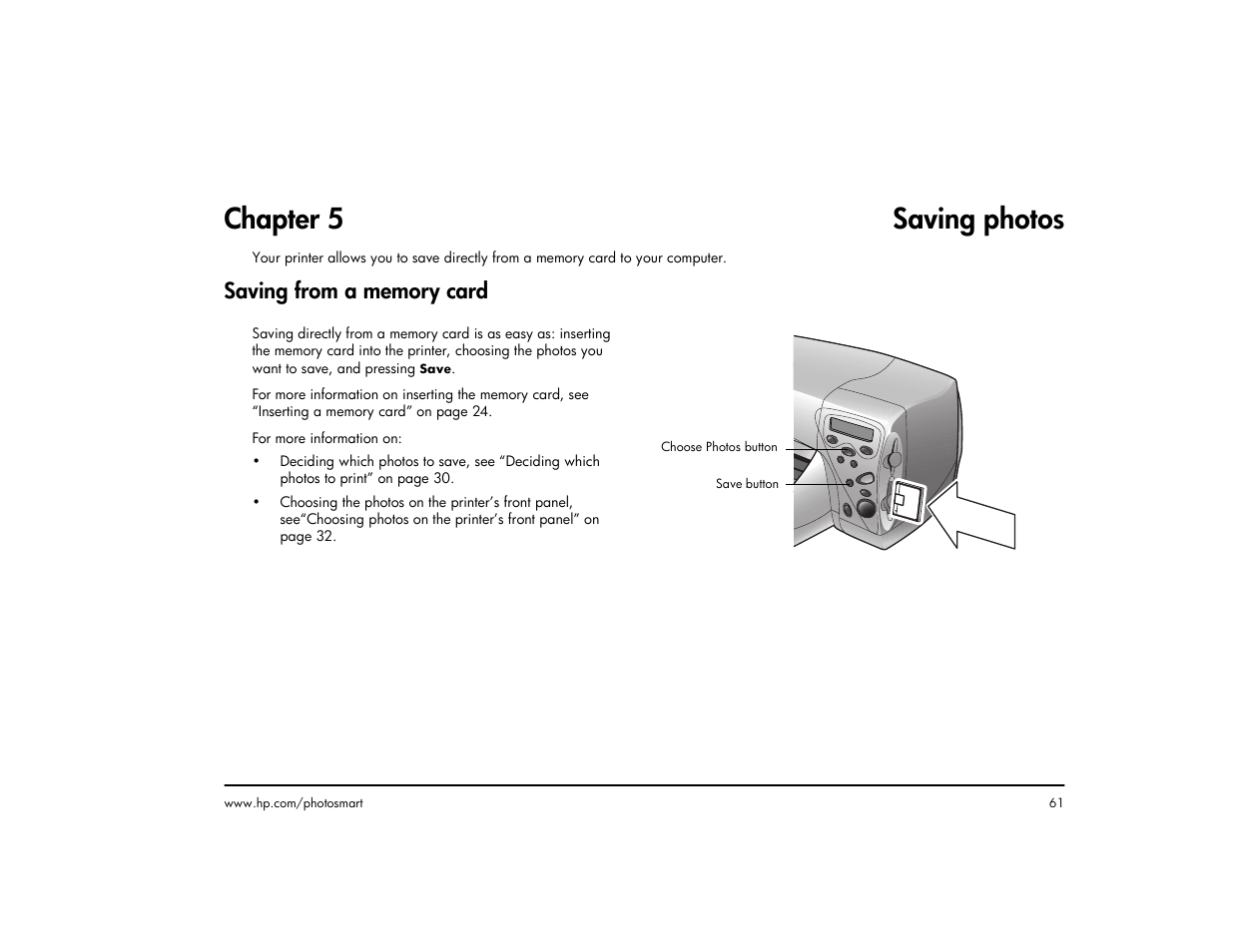 Chapter 5 saving photos, Saving from a memory card | HP 1215 User Manual | Page 67 / 127