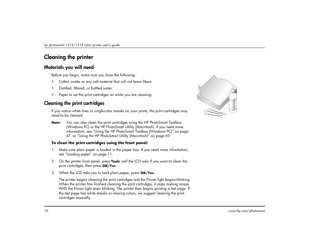 Cleaning the printer, Materials you will need, Cleaning the print cartridges | HP 1215 User Manual | Page 76 / 127