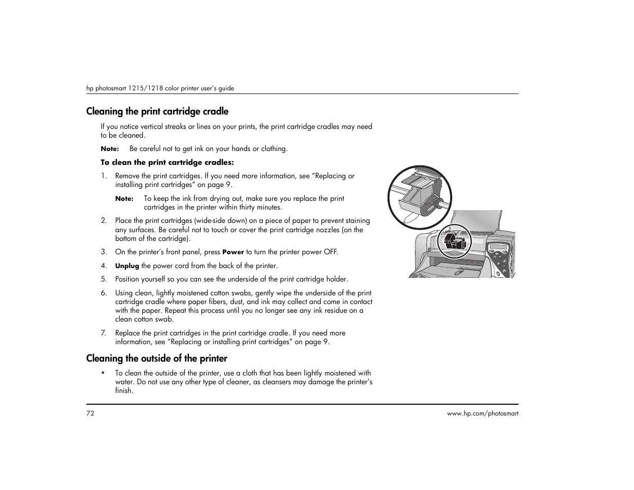 Cleaning the print cartridge cradle, Cleaning the outside of the printer | HP 1215 User Manual | Page 78 / 127
