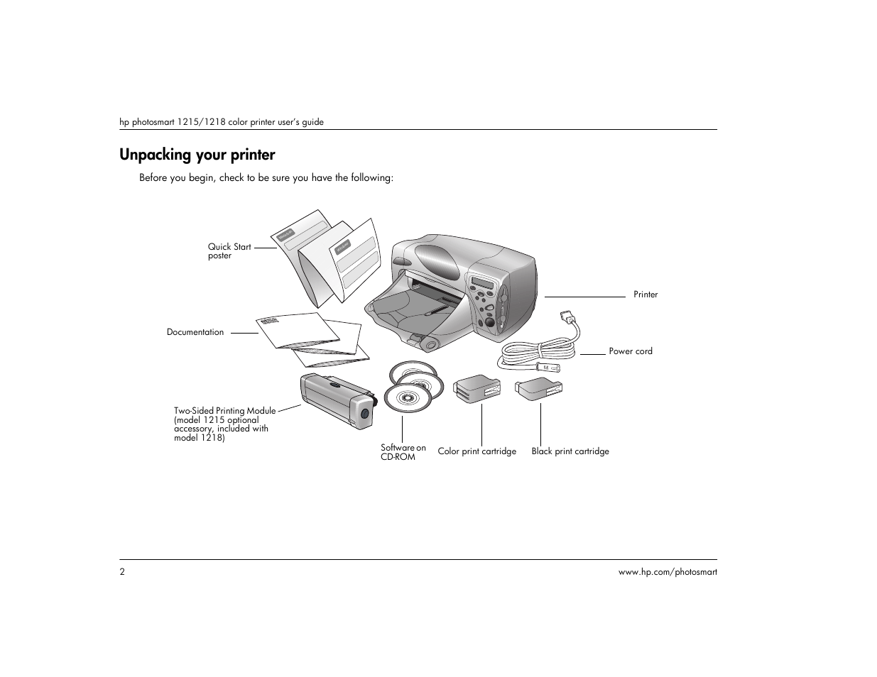 Unpacking your printer | HP 1215 User Manual | Page 8 / 127