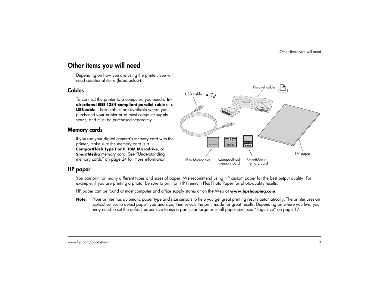 Other items you will need, Cables, Memory cards | Hp paper, Cables memory cards hp paper | HP 1215 User Manual | Page 9 / 127