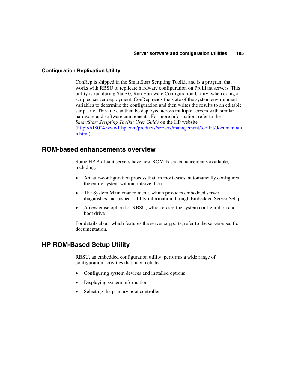 Configuration replication utility, Rom-based enhancements overview, Hp rom-based setup utility | Or the | HP ProLiant DL385 User Manual | Page 105 / 174