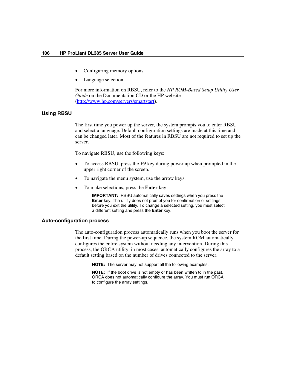 Using rbsu, Auto-configuration process | HP ProLiant DL385 User Manual | Page 106 / 174