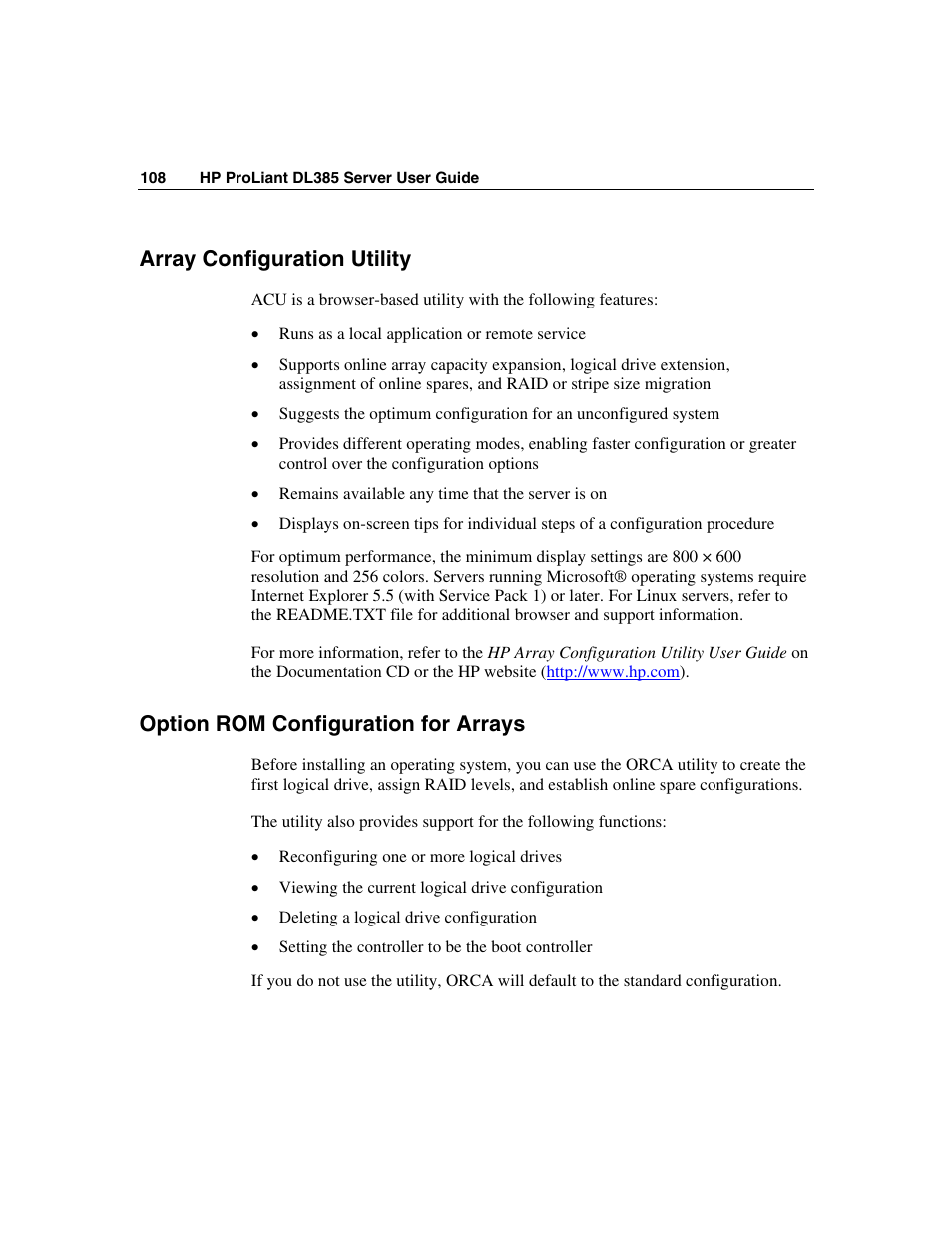 Array configuration utility, Option rom configuration for arrays, Array | HP ProLiant DL385 User Manual | Page 108 / 174