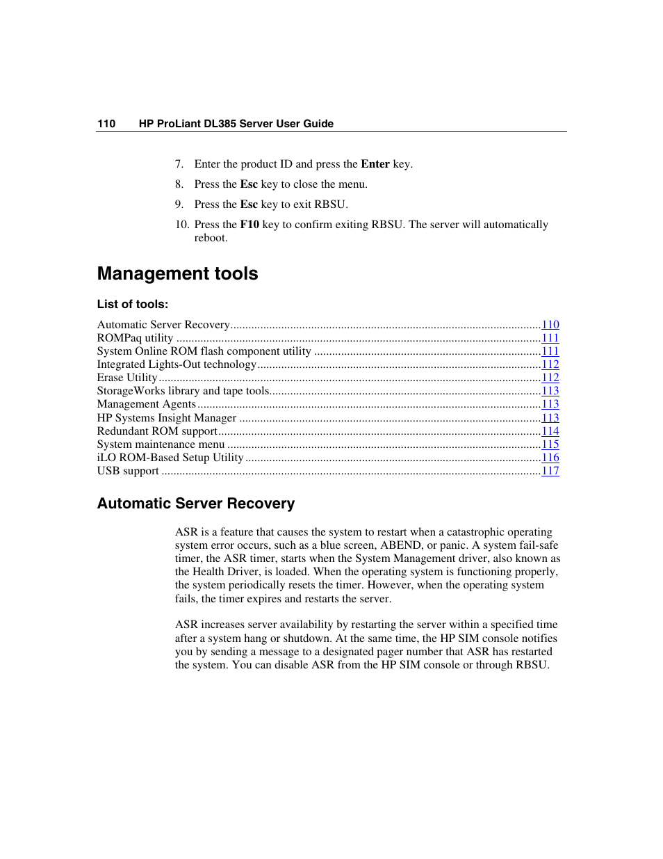 Management tools, Automatic server recovery | HP ProLiant DL385 User Manual | Page 110 / 174