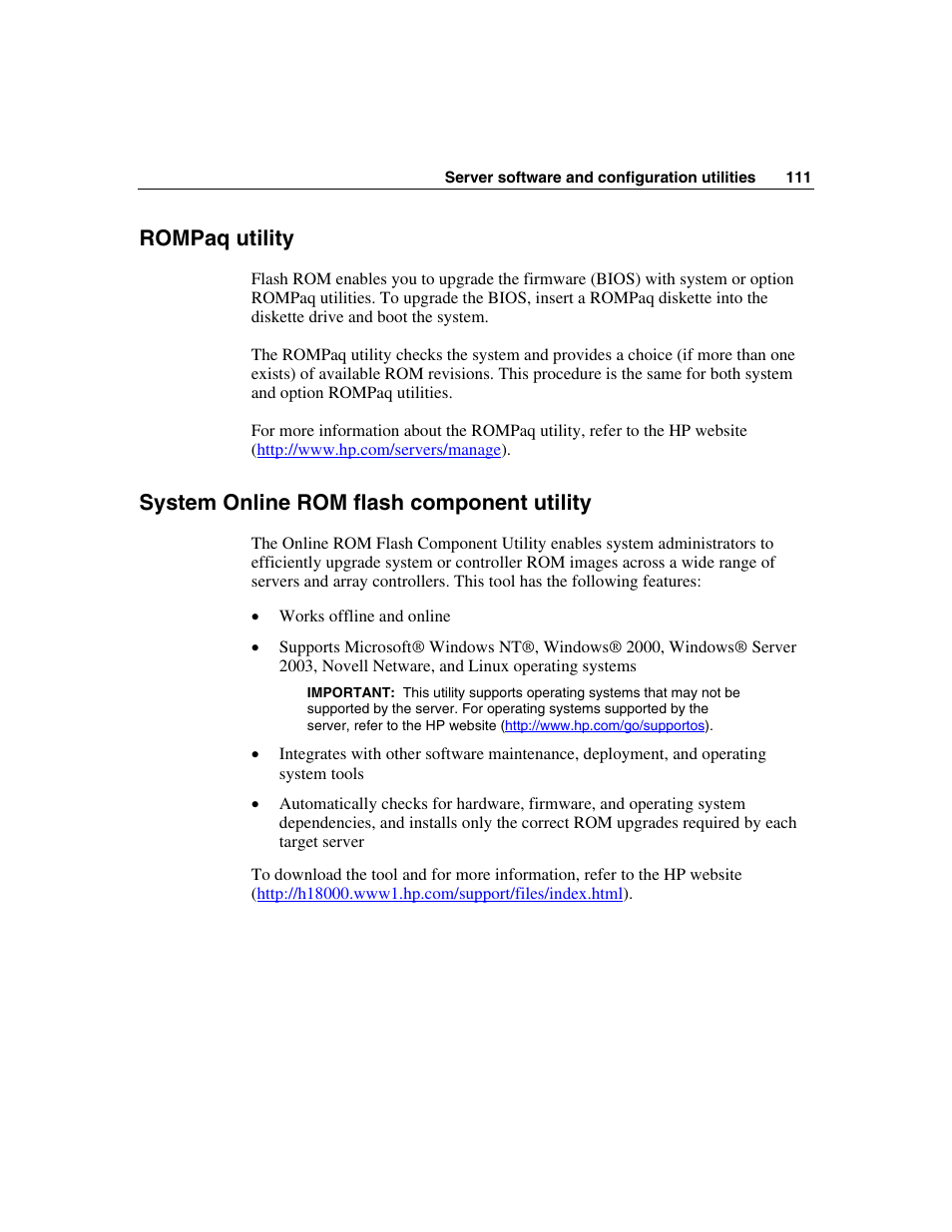 Rompaq utility, System online rom flash component utility | HP ProLiant DL385 User Manual | Page 111 / 174