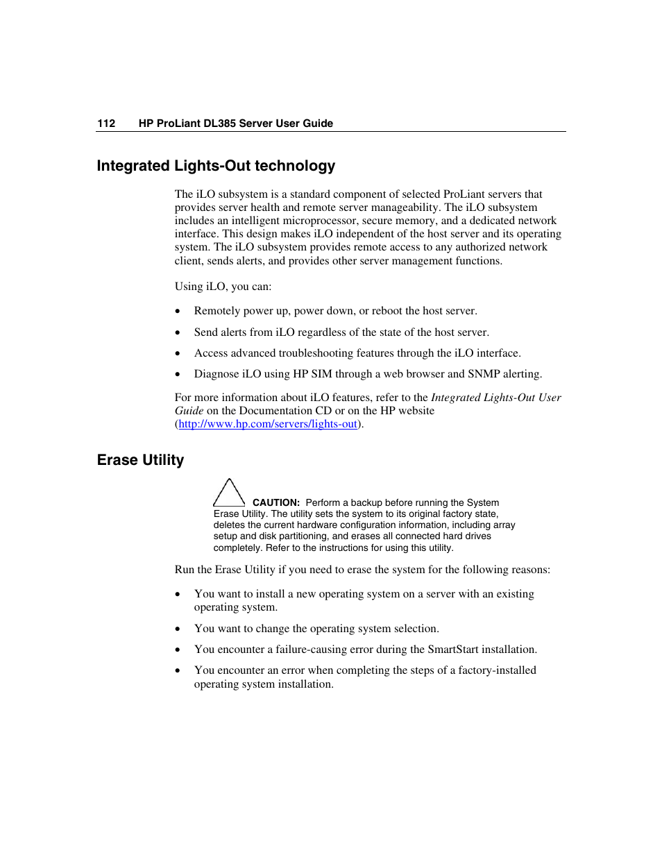 Integrated lights-out technology, Erase utility | HP ProLiant DL385 User Manual | Page 112 / 174