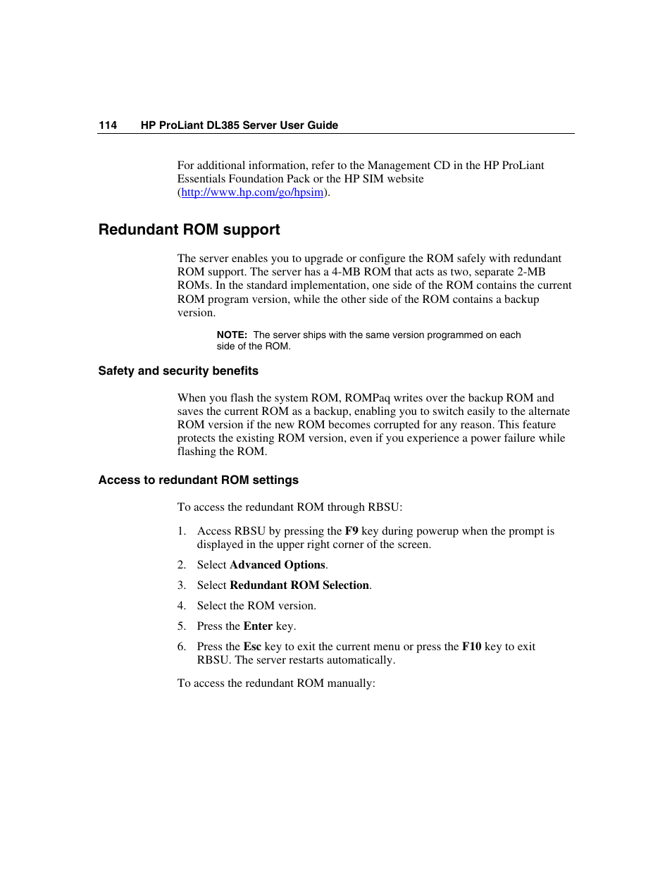 Redundant rom support, Safety and security benefits, Access to redundant rom settings | HP ProLiant DL385 User Manual | Page 114 / 174