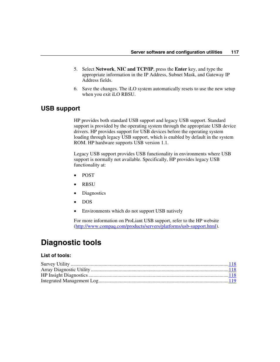 Usb support, Diagnostic tools | HP ProLiant DL385 User Manual | Page 117 / 174