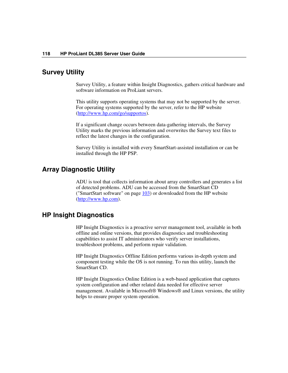 Survey utility, Array diagnostic utility, Hp insight diagnostics | Sight diagnostics utility ("hp insight, And erase utility (on | HP ProLiant DL385 User Manual | Page 118 / 174