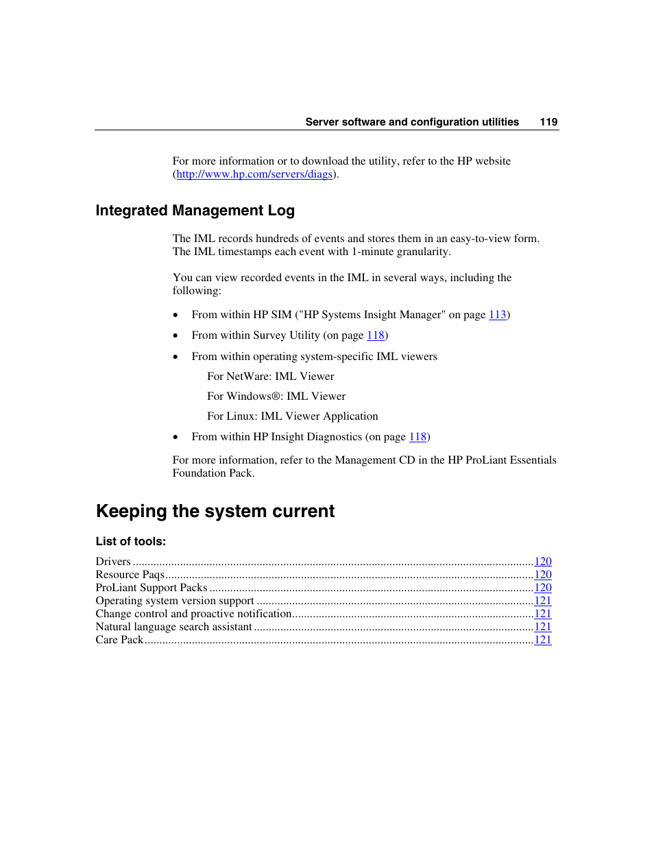 Integrated management log, Keeping the system current | HP ProLiant DL385 User Manual | Page 119 / 174