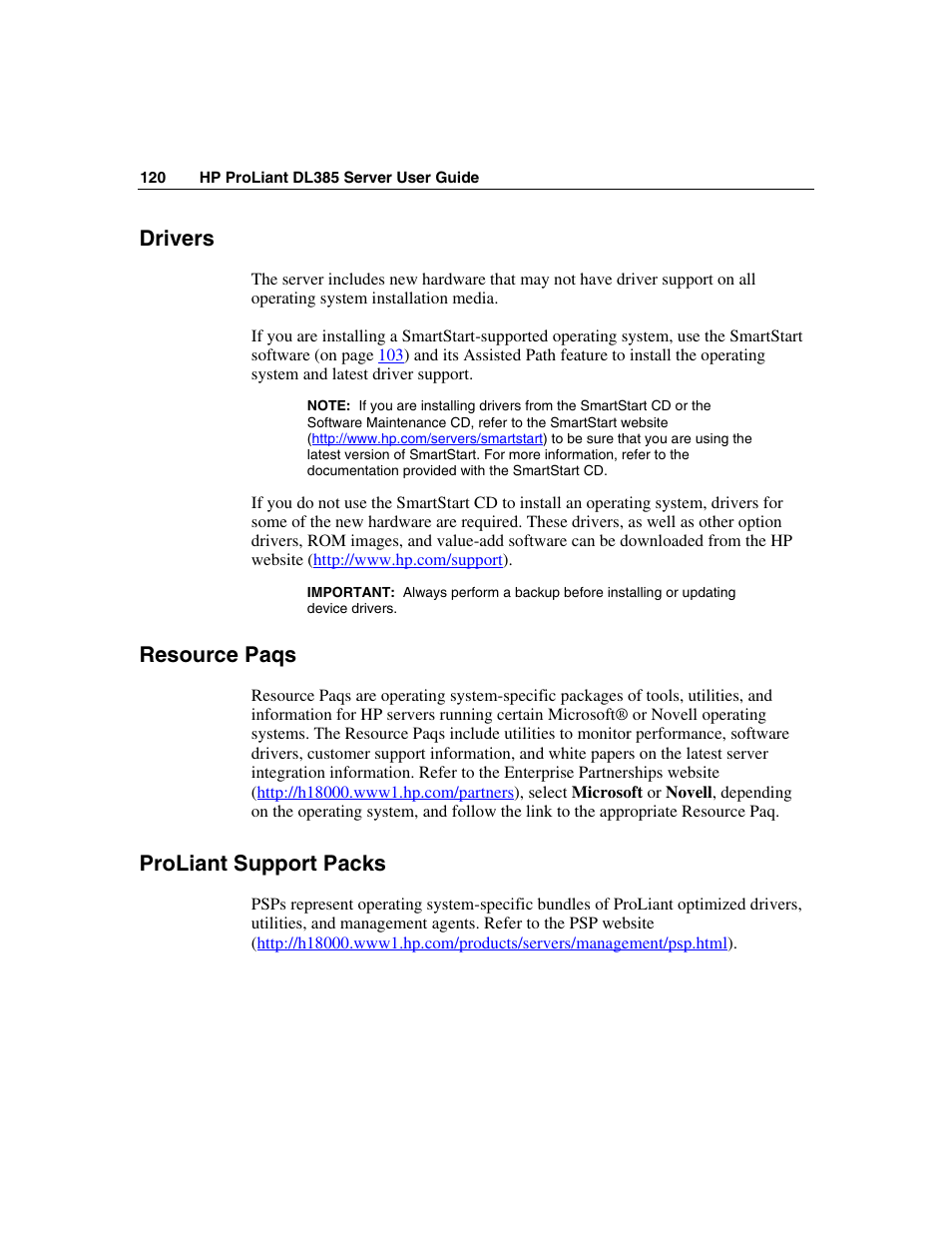 Drivers, Resource paqs, Proliant support packs | HP ProLiant DL385 User Manual | Page 120 / 174