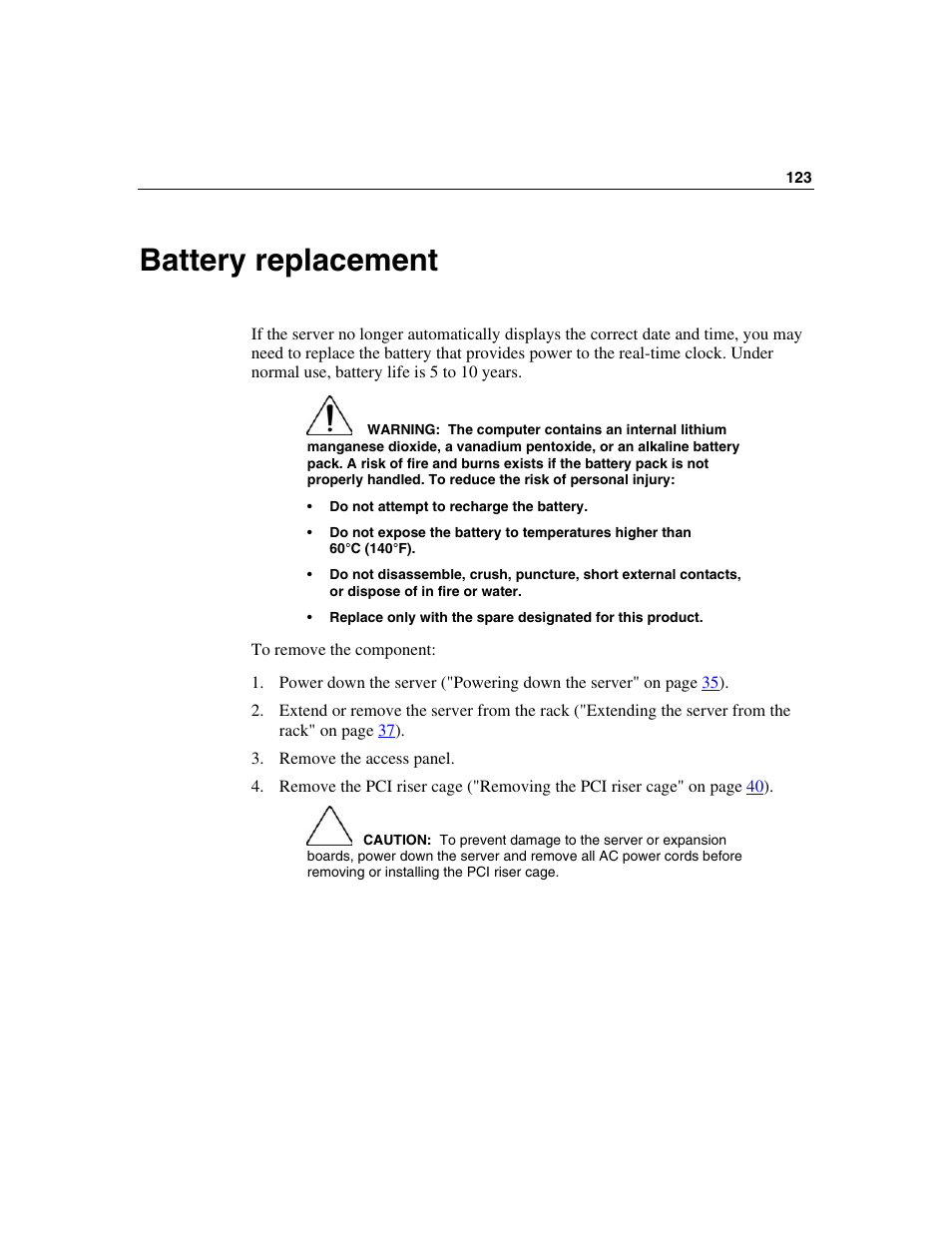 Battery replacement | HP ProLiant DL385 User Manual | Page 123 / 174