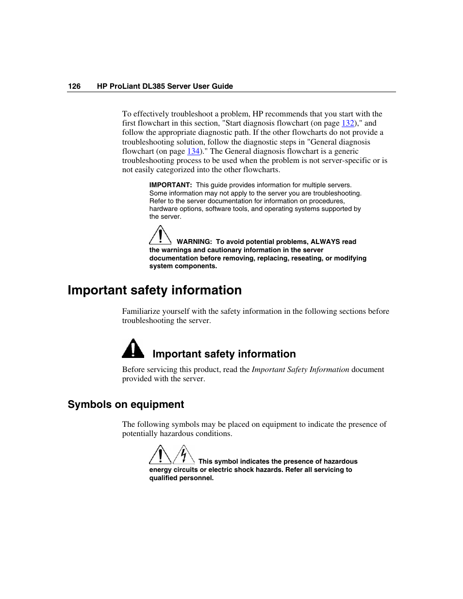 Important safety information, Symbols on equipment | HP ProLiant DL385 User Manual | Page 126 / 174