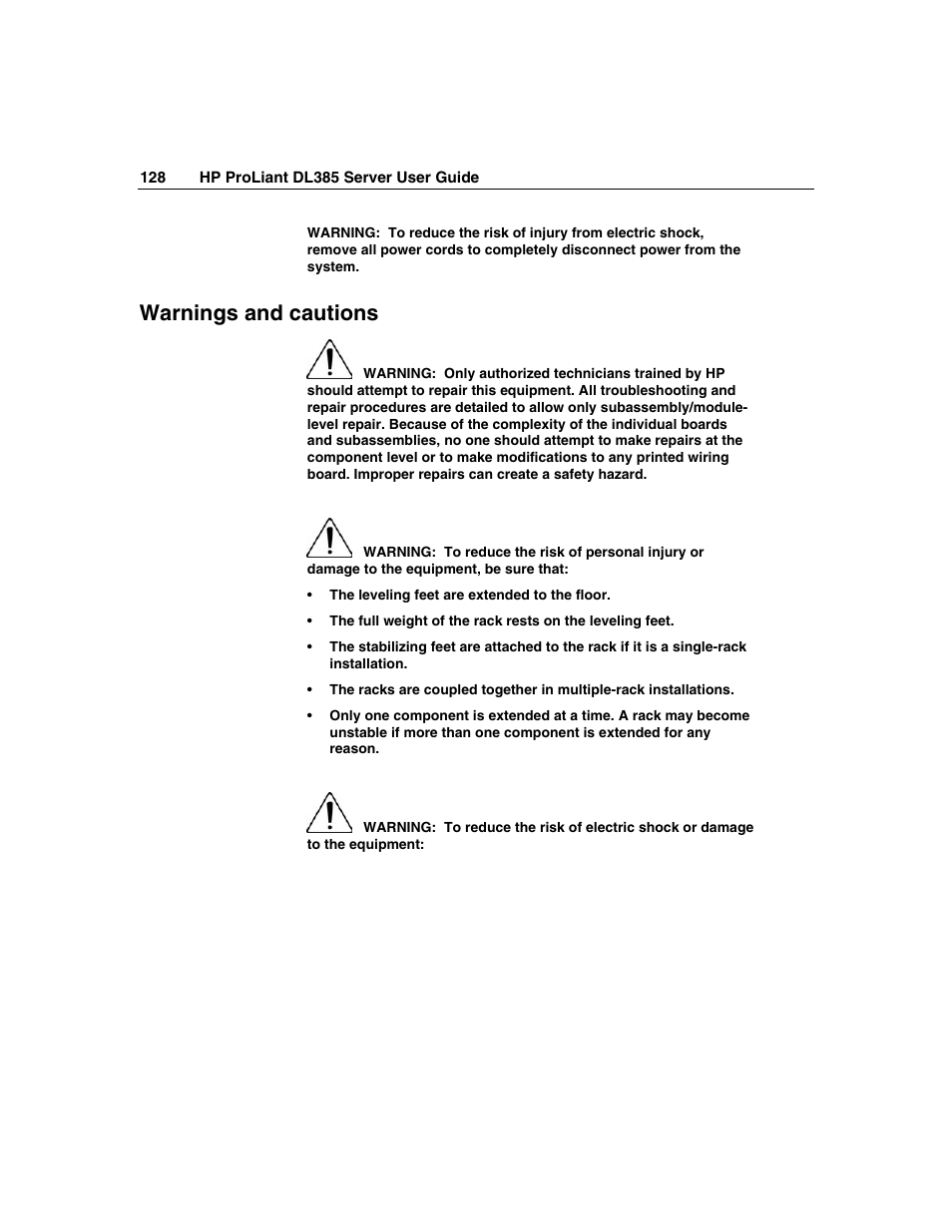 Warnings and cautions | HP ProLiant DL385 User Manual | Page 128 / 174