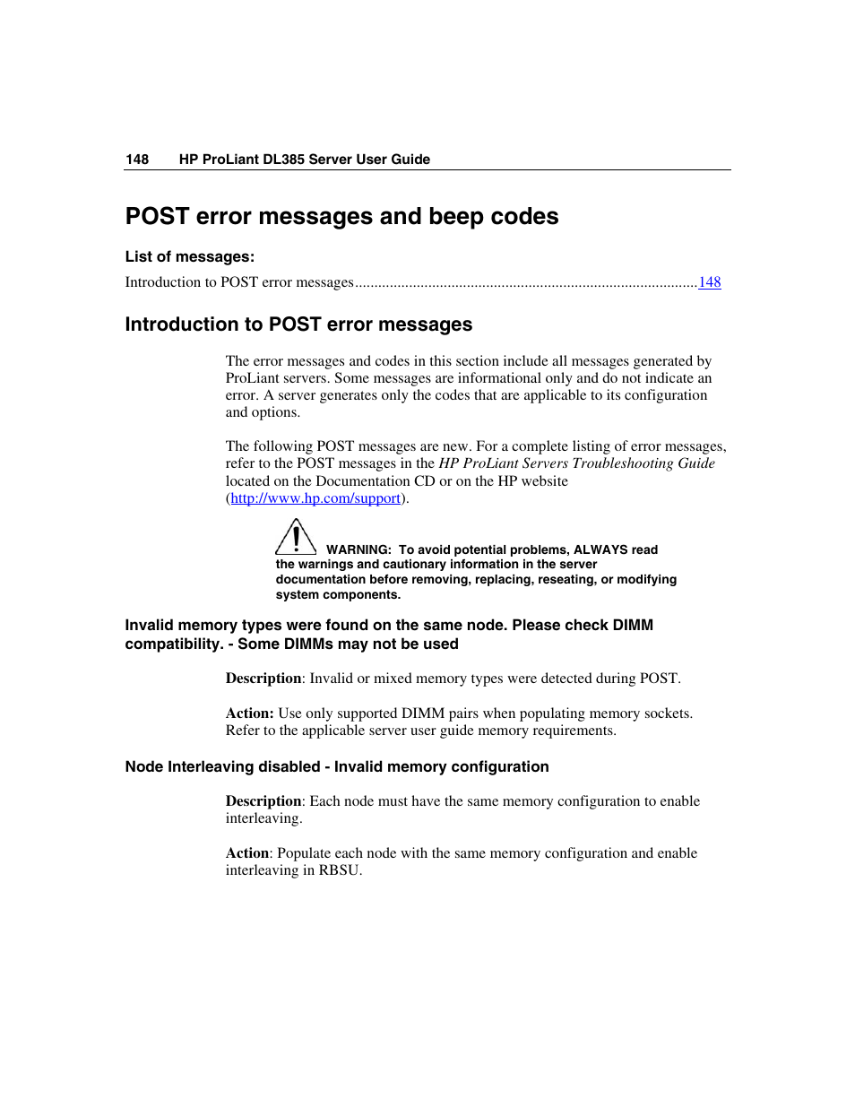 Post error messages and beep codes, Introduction to post error messages, S ("post error messages and beep codes" on | HP ProLiant DL385 User Manual | Page 148 / 174