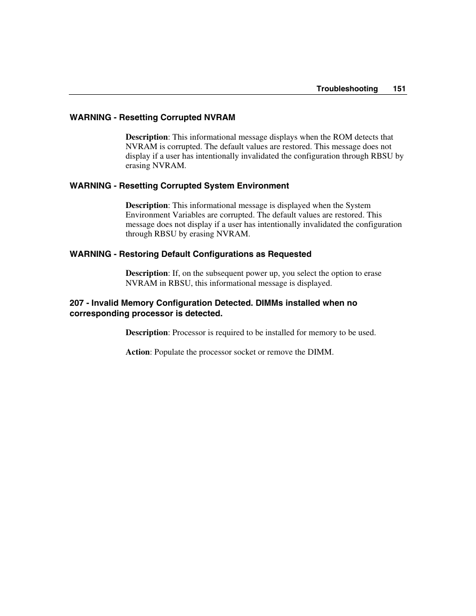 Warning - resetting corrupted nvram, Warning - resetting corrupted system environment | HP ProLiant DL385 User Manual | Page 151 / 174