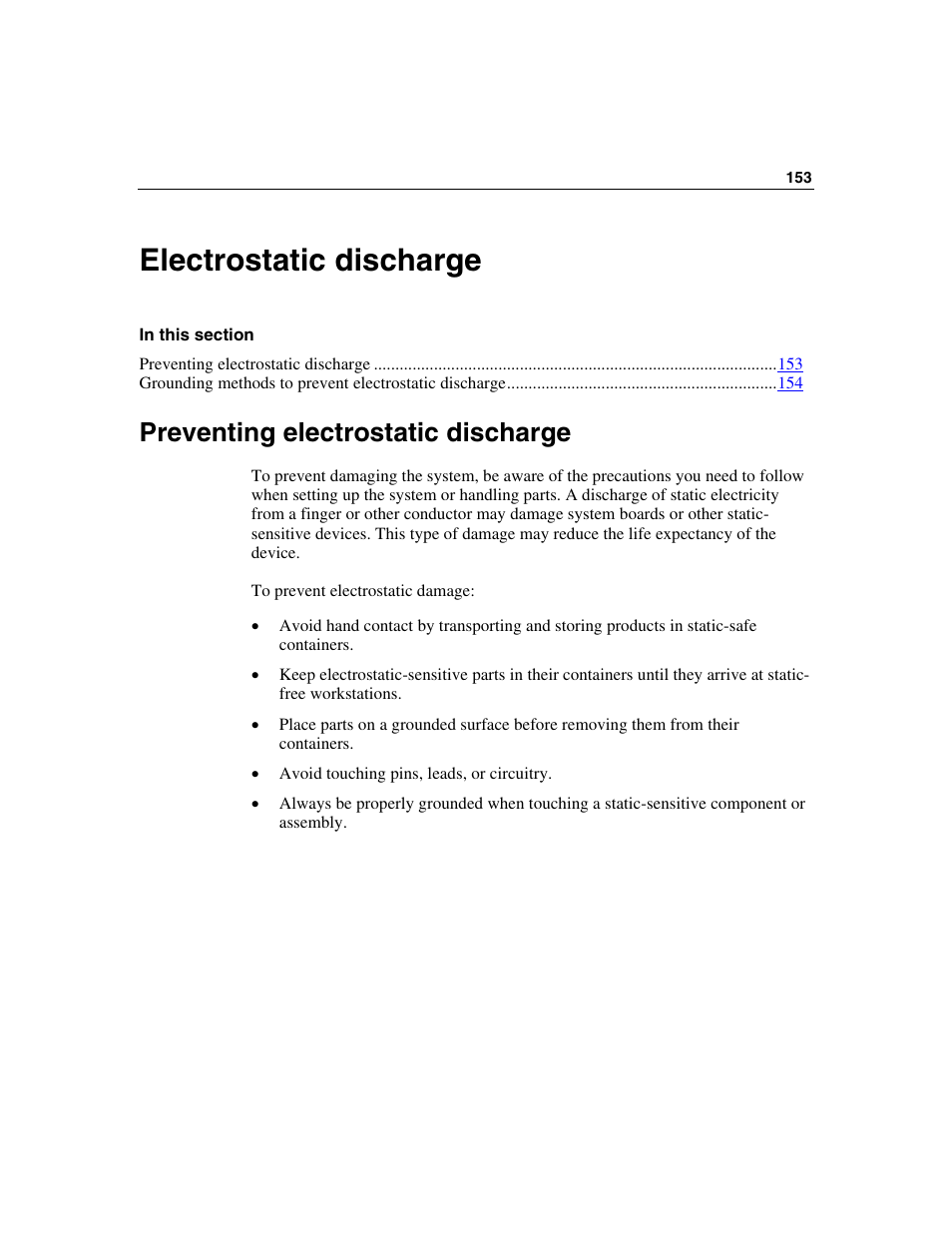 Electrostatic discharge, Preventing electrostatic discharge | HP ProLiant DL385 User Manual | Page 153 / 174