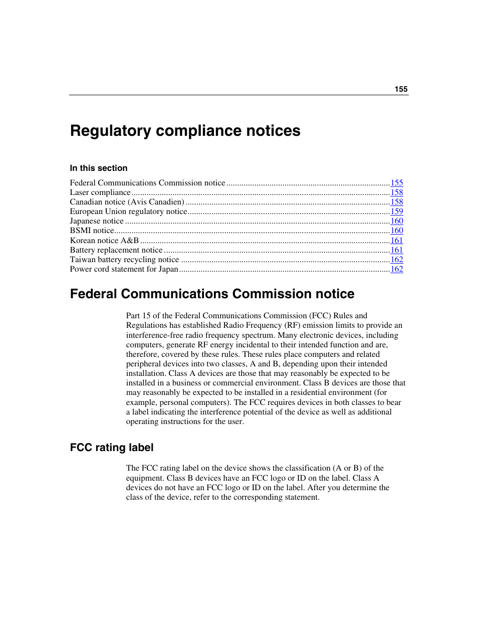 Regulatory compliance notices, Federal communications commission notice, Fcc rating label | HP ProLiant DL385 User Manual | Page 155 / 174