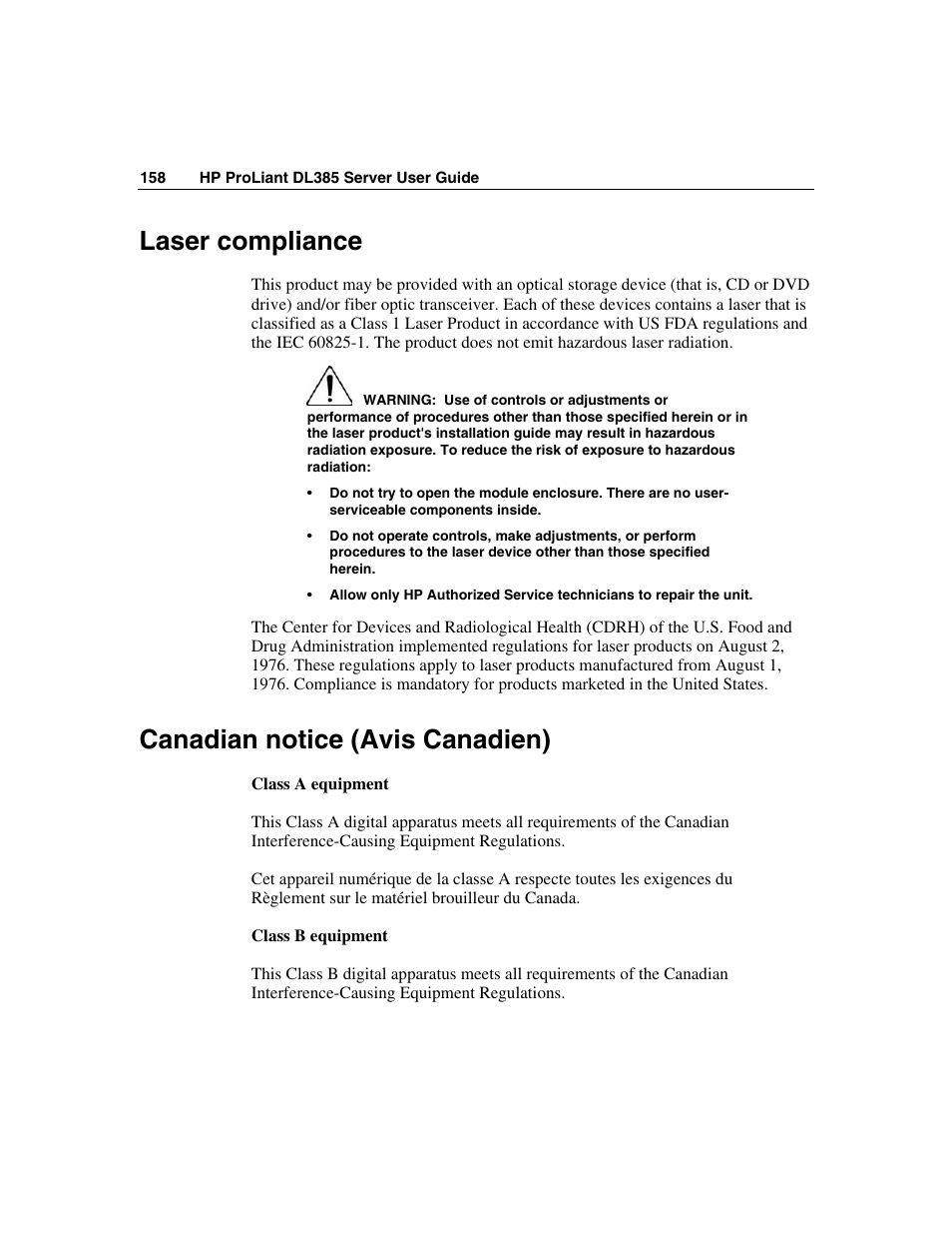 Laser compliance, Canadian notice (avis canadien) | HP ProLiant DL385 User Manual | Page 158 / 174