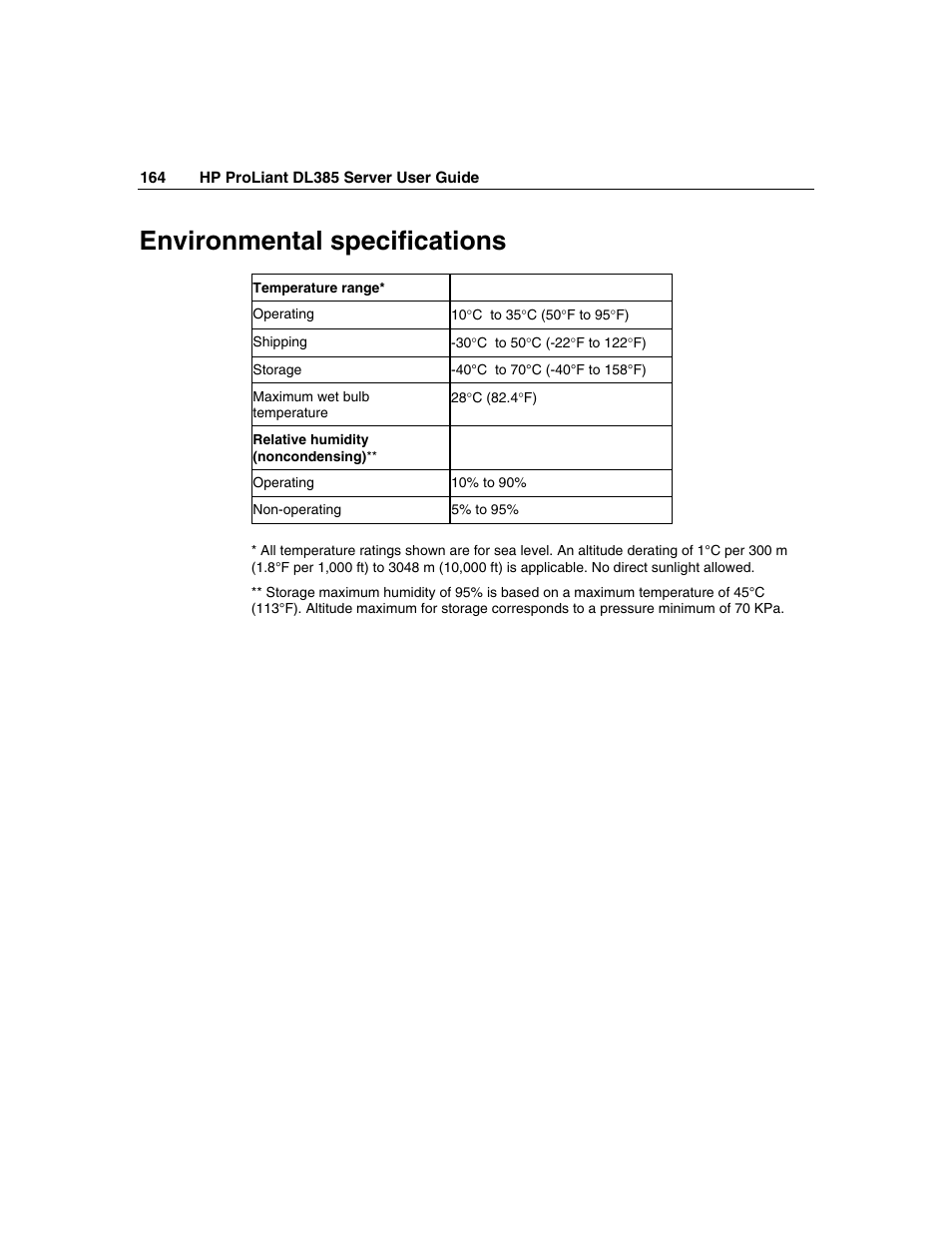 Environmental specifications | HP ProLiant DL385 User Manual | Page 164 / 174