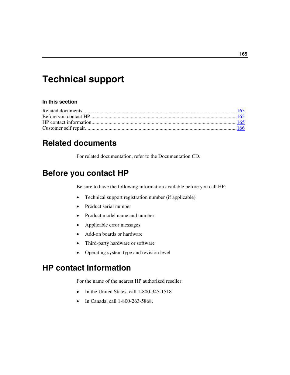 Technical support, Related documents, Before you contact hp | Hp contact information | HP ProLiant DL385 User Manual | Page 165 / 174