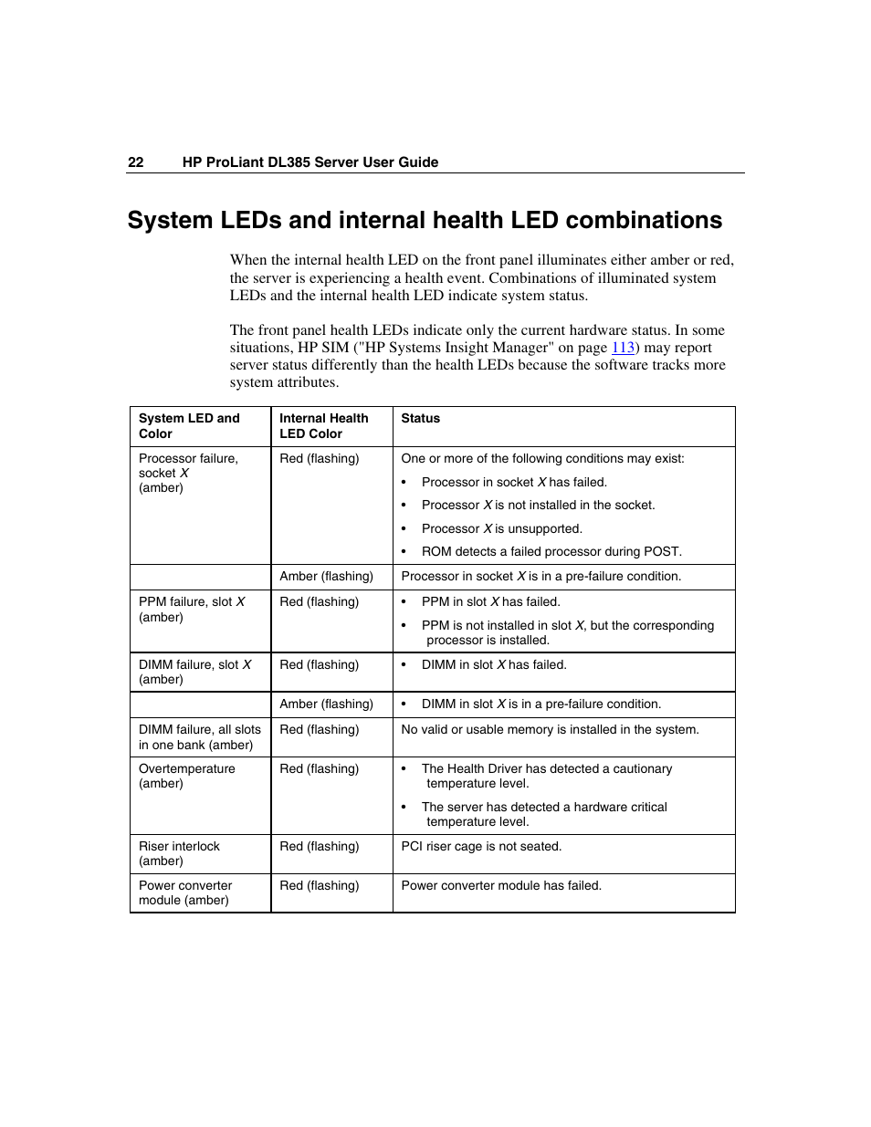 System leds and internal health led combinations | HP ProLiant DL385 User Manual | Page 22 / 174