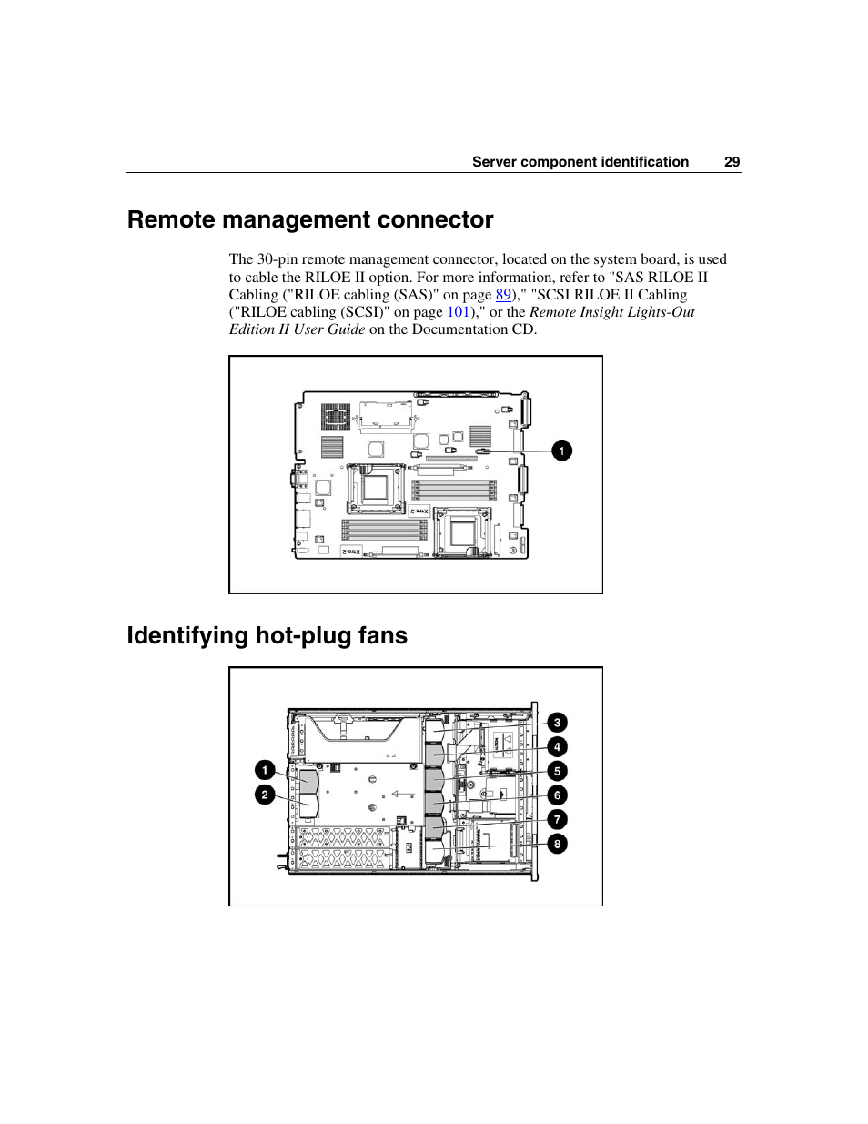 Remote management connector, Identifying hot-plug fans | HP ProLiant DL385 User Manual | Page 29 / 174