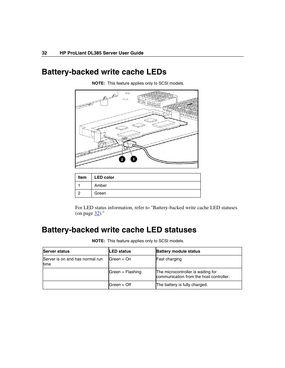 Battery-backed write cache leds, Battery-backed write cache led statuses | HP ProLiant DL385 User Manual | Page 32 / 174