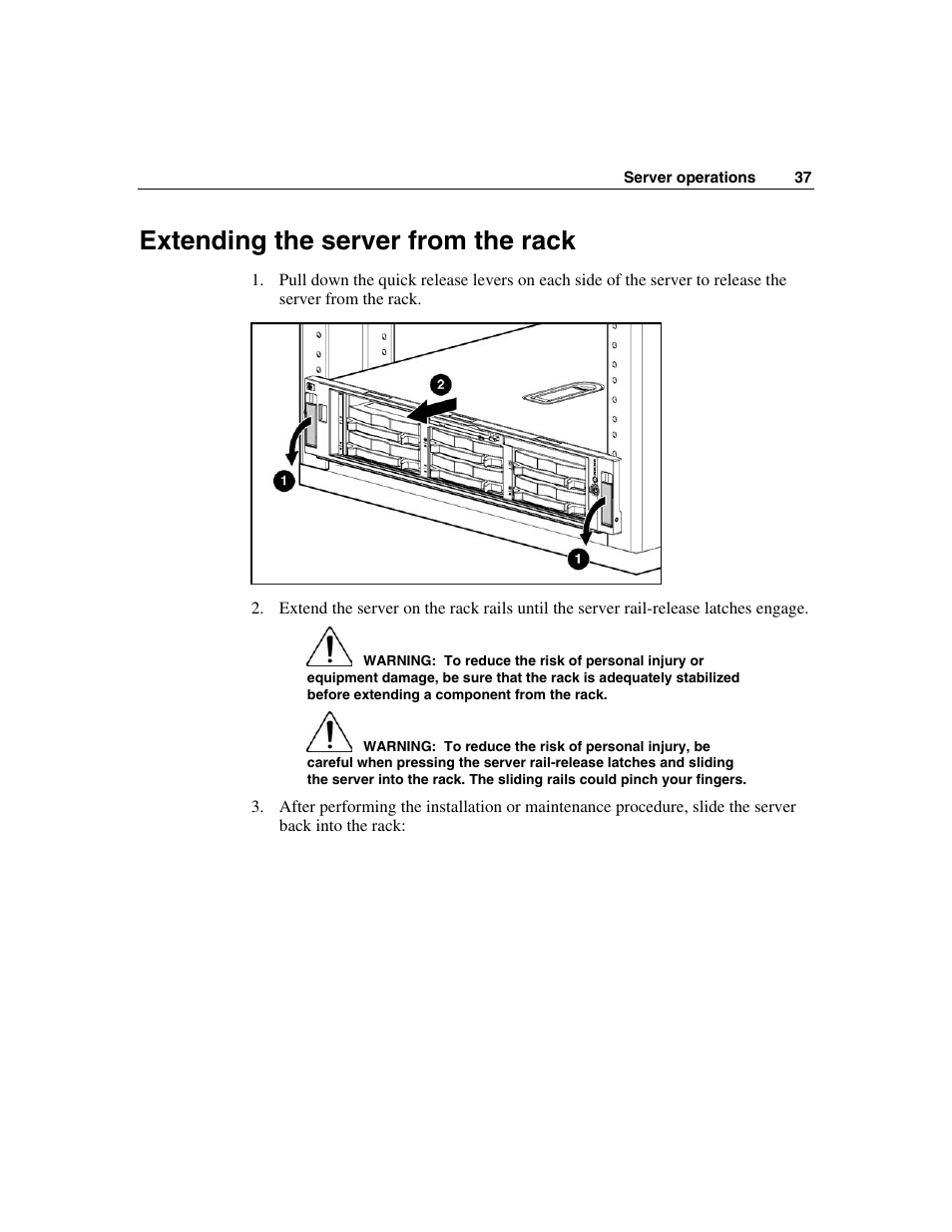 Extending the server from the rack | HP ProLiant DL385 User Manual | Page 37 / 174