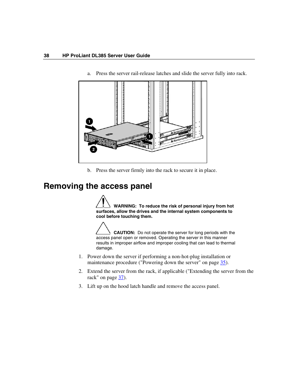 Removing the access panel | HP ProLiant DL385 User Manual | Page 38 / 174