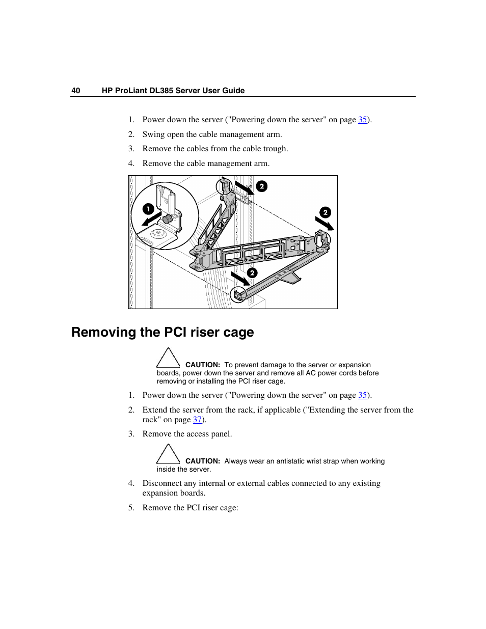 Removing the pci riser cage | HP ProLiant DL385 User Manual | Page 40 / 174