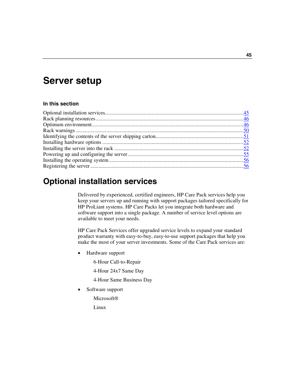 Server setup, Optional installation services | HP ProLiant DL385 User Manual | Page 45 / 174