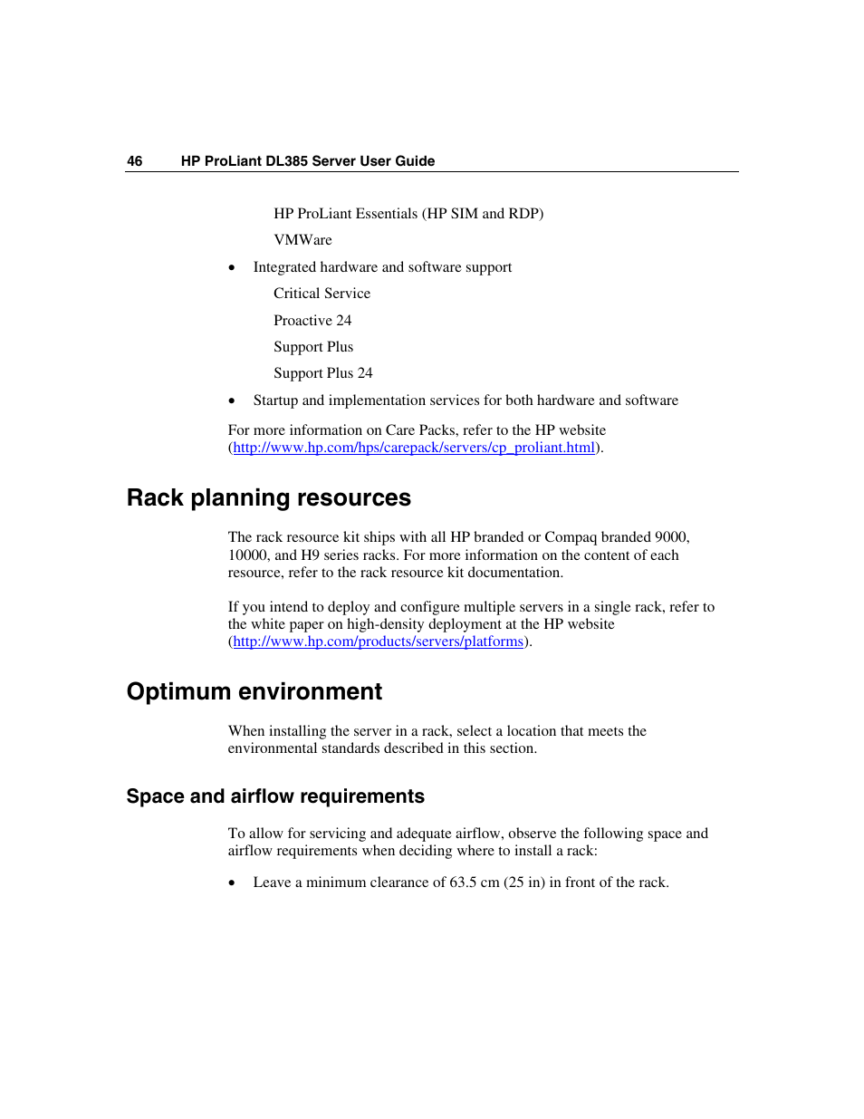 Rack planning resources, Optimum environment, Space and airflow requirements | HP ProLiant DL385 User Manual | Page 46 / 174