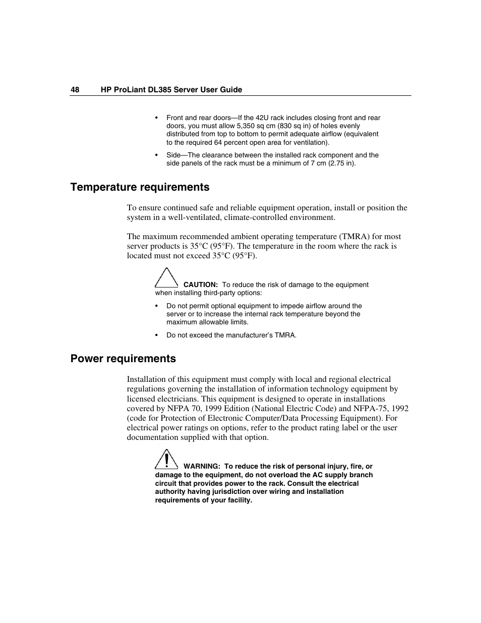 Temperature requirements, Power requirements | HP ProLiant DL385 User Manual | Page 48 / 174