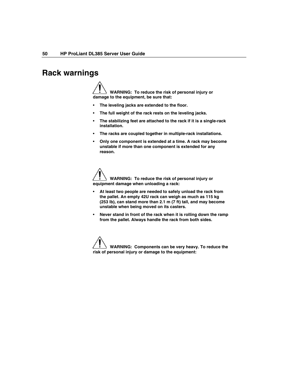 Rack warnings | HP ProLiant DL385 User Manual | Page 50 / 174