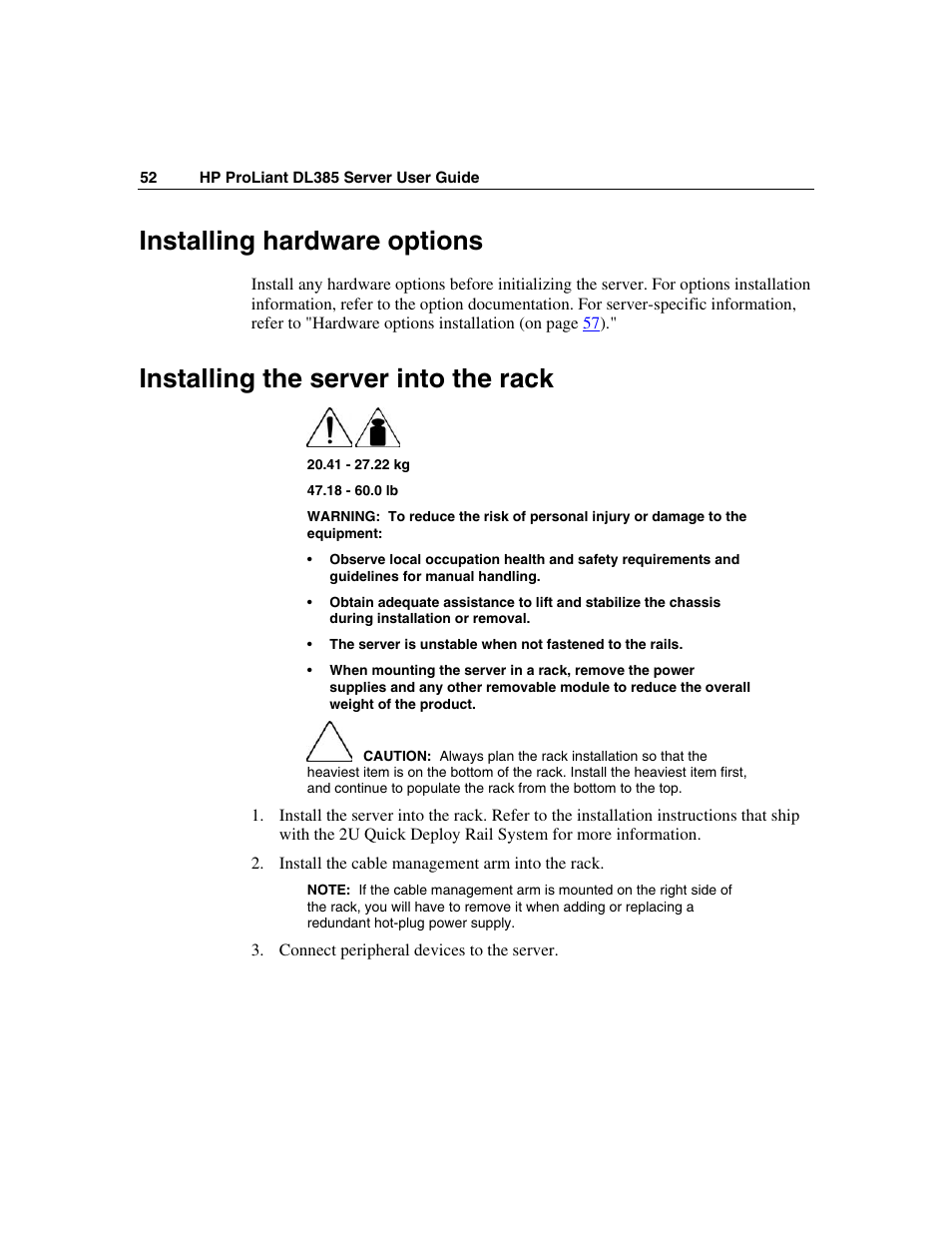 Installing hardware options, Installing the server into the rack | HP ProLiant DL385 User Manual | Page 52 / 174