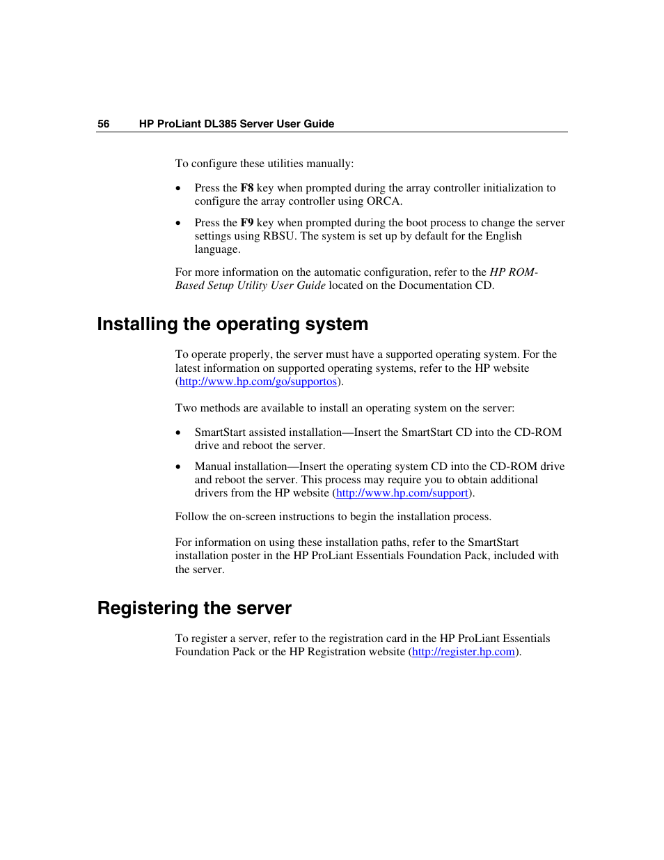 Installing the operating system, Registering the server | HP ProLiant DL385 User Manual | Page 56 / 174